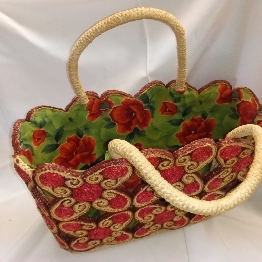 Rafia Straw Purse Floral Carrying Tote Bag
